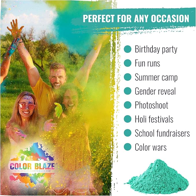 Color Blaze Holi Colored Powder - 5 lbs of Teal Powdered Color - for Fun Runs, Color Toss, Rangoli, Powder War, Backyard Party & Festivals - Pack of 1 Colorful Bag - 5 Pounds in Bulk - Teal