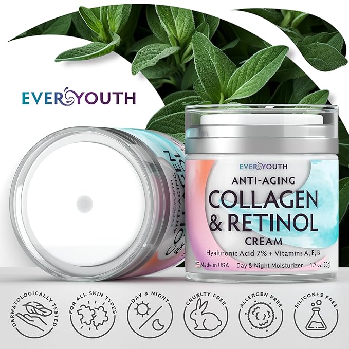 Collagen Cream for Face, Neck & Décolleté, Anti Aging Facial Moisturizer for Women with Hyaluronic Acid, Vitamin E, Made in USA, Anti Wrinkle Face Cream, Neck Creams for Tightening and Firming, 1.7oz