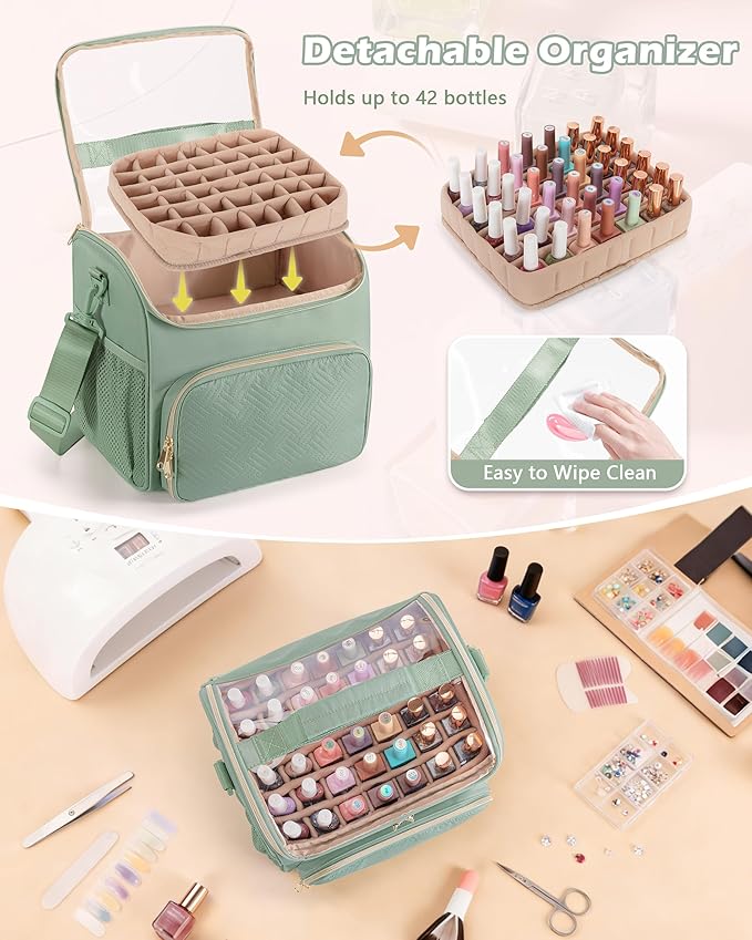 Nail Polish Organizer Bag Holds 42 Bottles(15ml/0.5 fl.oz), Double Layer Nail Storage Case for Gel Polish and Manicure Tools, Travel Nail Bag, Green
