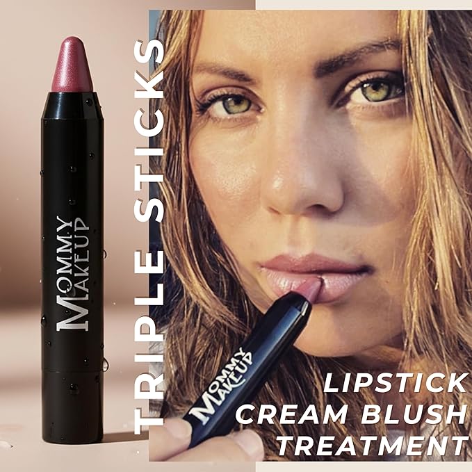 Mommy Makeup Triple Sticks Lipstick, Cream Blush & Treatment All-In-One with Shea & Cocoa Butter - Soft & Creamy Moisturizing Lip Crayon For Lips & Cheeks (Pink-a-boo)