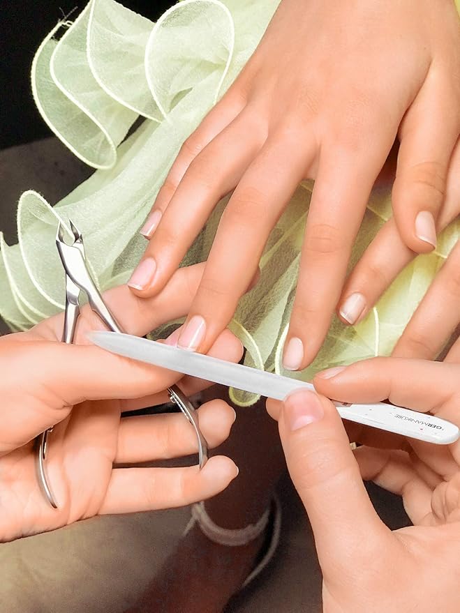 GERMANIKURE Gray Crystal Glass Nail File Set in Light Blue Suede Case – Handmade in Czech Republic – Professional Manicure & Pedicure Supplies – Glass Cuticle Stick, Pusher, Moon File