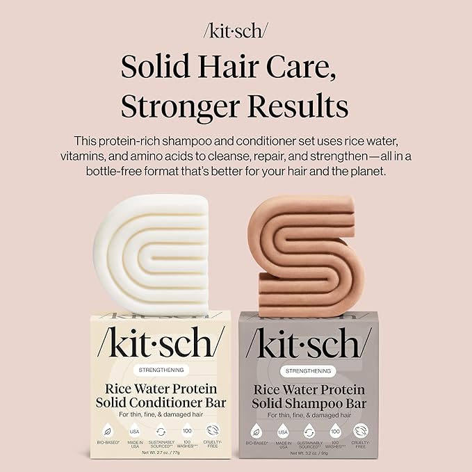 Kitsch Rice Water Protein Solid Shampoo and Conditioner Set for Hair Growth – Strengthening Hair Care Duo w/Rice Protein & Vitamins for Damage Repair – Paraben, Sulfate & Silicone Free, Made in USA
