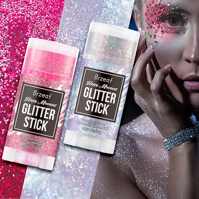 Brzeaf Waterproof Mermaid Glitter Stick, Shimmery& Long Lasting, Christmas Hair Eyeshadow Face Body Glitter, Singer Concert Music Rave Festival, Glitter Stick Makeup & Face Glitter Gel for Women Men