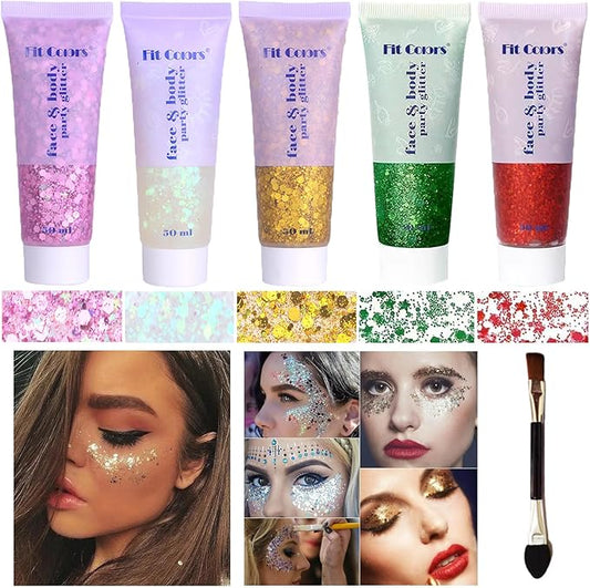 Body Glitter Face Glitter Gel: Singer Concerts Disco Festival Rave Accessories Face Glitter Makeup 250ml Chunky Sequins Mermaid Face Body Hair Glitter Gel (White&Pink&Gold&Green&Red)