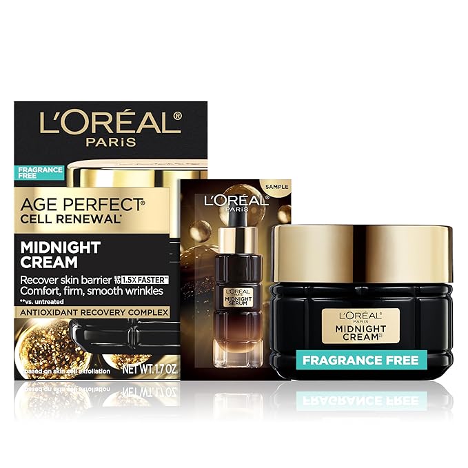 L'Oreal Paris Age Perfect Anti-Aging Midnight Face Cream, Fragrance-Free Face Moisturizer with Antioxidants to Reduce Wrinkles and Firm Skin, 1.7oz + Serum Sample
