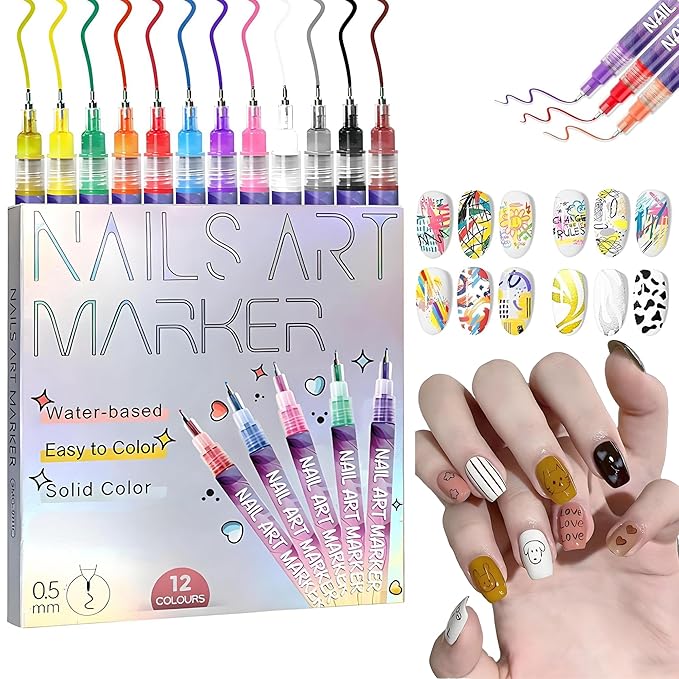 12 Colors Nail Art Pens Set,Nail Art Markers for Gel Nails,Fine Tip Nail Art Pen 0.5mm,Drawing Painting Liner Brush for DIY Nail Art Drawing Painting Tools (A-1 Set)