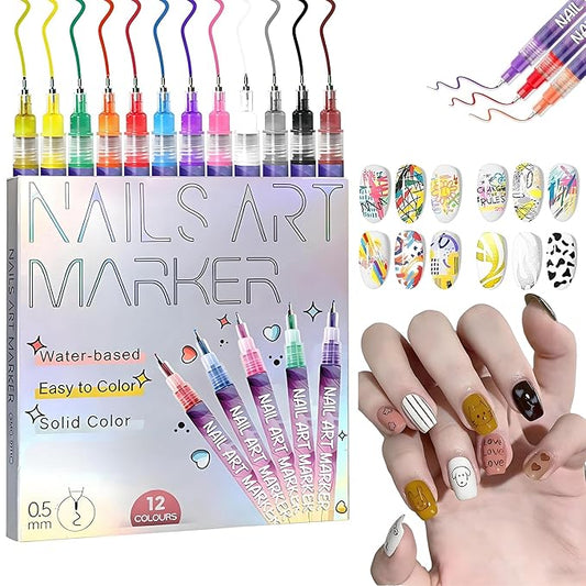 12 Colors Nail Art Pens Set,Nail Art Markers for Gel Nails,Fine Tip Nail Art Pen 0.5mm,Drawing Painting Liner Brush for DIY Nail Art Drawing Painting Tools (A-1 Set)