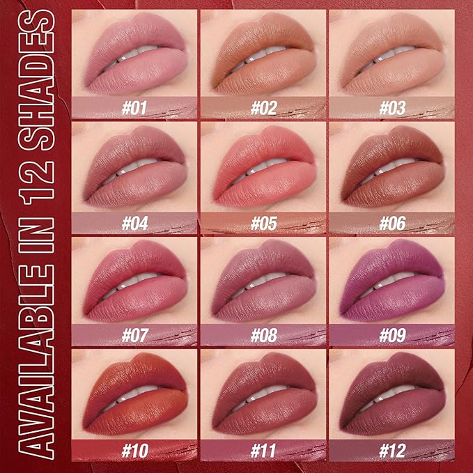 Jolilab 8Pcs Velvet Matte Lipstick Nude Matte Soft Dark Color Stick High Pigmented Long-Lasting Waterproof Lip Stick Lip Balm Beauty Cosmetics Gift for Girls and Women（01-06+11+12