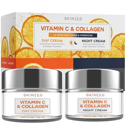 Skin 2.0 Vitamin C & Collagen Face Moisturizer – Anti Aging Day & Night Cream for Smooth & Radiant Skin, Firms & Restores Dull Complexion – Dermatologist Tested, Korean Skin Care Set, Vegan – Duo Pack