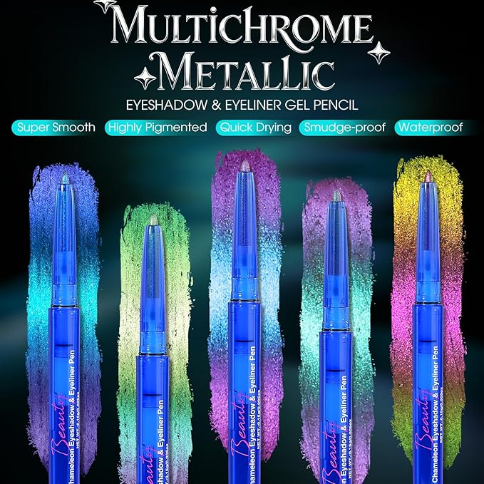 Chameleon Metallic Eyeshadow & Eyeliner Gel Pencil – Multichrome Shifting Colors Glitter Eye Makeup, Waterproof Long-Lasting Smudge-Proof Duochrome Pencil (Metallic Pink to Golden Olive)