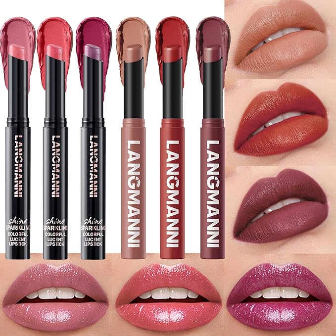 Jolilab 6Pcs Glitter Lip Kit - Velvet Matte & Nude Matte Lipstick + Glitter Lip Gloss/Glitter Lipstick High Pigmented Long-Lasting Waterproof Beauty Cosmetics Gift for Women Girls(SET A)