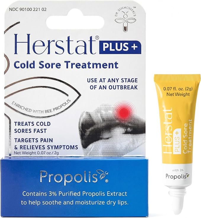 Herstat+ Cold Sore Treatment 2g with 3% Propolis - Fast Acting Cold Sore & Fever Blister Treatment for Lips, Effective Lip Treatment