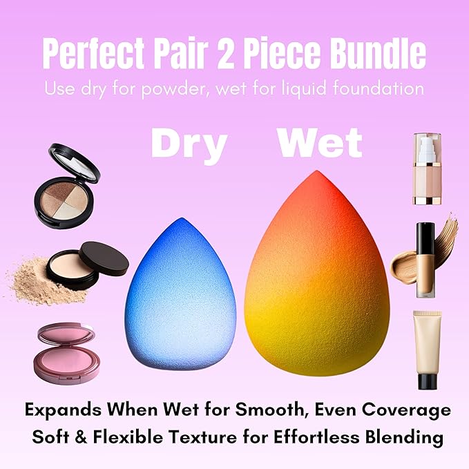 Premium Gradient Makeup Sponge Set – 2 Soft Latex-Free Sponges for Foundation, Concealer & Powder – Reusable, Expands When Wet