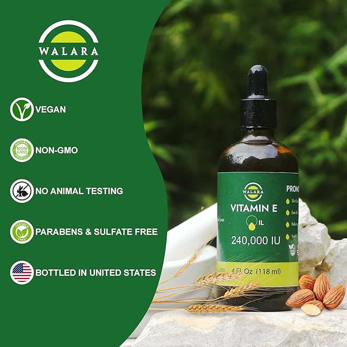 WALARA Vitamin E Oil 100% Pure 240,000 IU (4oz) | Natural, Non-GMO, for Skin, Hair, Premium Vitamin E Oil is 100% Pure & Natural