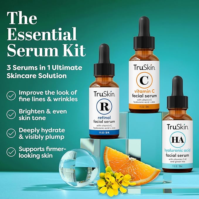 TruSkin Face Serum Trio – Vitamin C, Retinol & Hyaluronic Acid Anti-Aging Serums for Face – AM, PM & All-Day Skincare Routine – Brightening, Smoothing & Hydrating Facial Serums, 1 fl oz Each