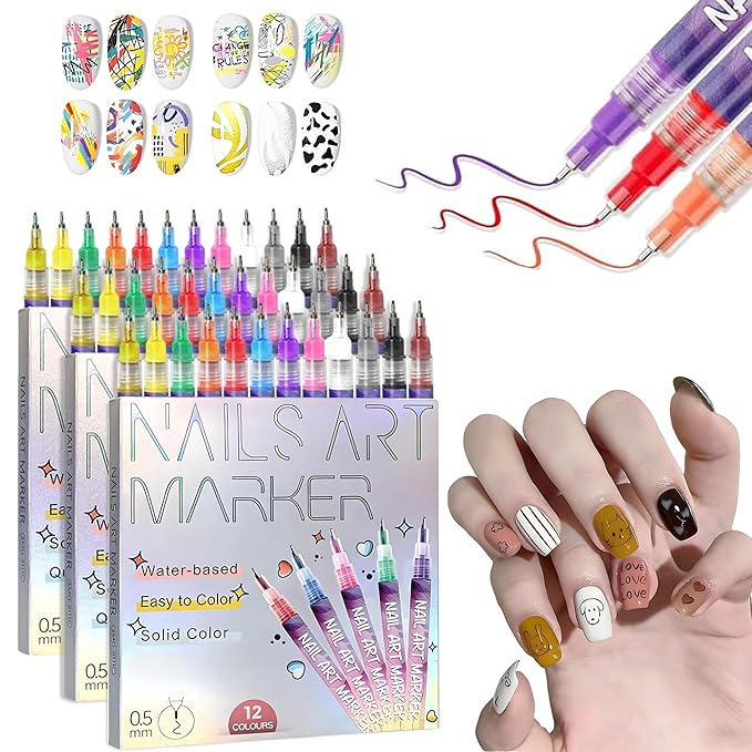 12 Colors Nail Art Pens Set,Nail Art Markers for Gel Nails,Fine Tip Nail Art Pen 0.5mm,Drawing Painting Liner Brush for DIY Nail Art Drawing Painting Tools(C-3 Sets)