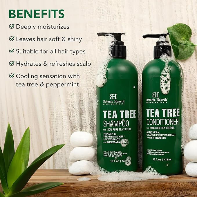 Botanic Hearth Tea Tree Shampoo and Conditioner Set | with 100% Pure Tea Tree Oil, for Itchy and Dry Scalp, Sulfate/Paraben Free | for Men and Women | 16 Fl Oz Each