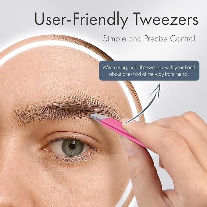 EZ2LIVE Tweezers for Women Facial Hair, Slant & Pointed Tweezers for Eyebrows, Ingrown Hair, Splinter Removal, 2 Pack Tweezer Set, Professional Stainless Steel Eyebrow Tweezers for Men and Women, Pink