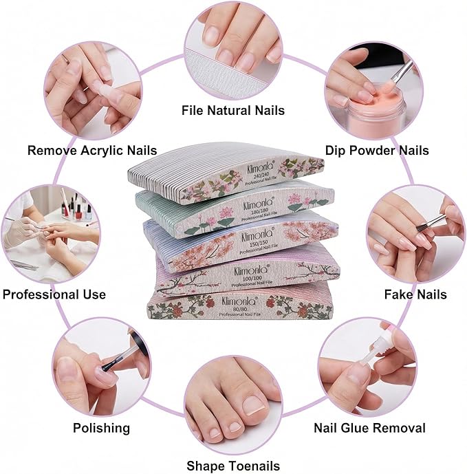 50PCS Floral Professional Nail Files 80/100/150/180/240 Grit, Emery Boards Nail Files for Natural Nails and Acrylic Nails, Double Sided Emory Boards limas para unas acrilicas Reusable Manicure Tools
