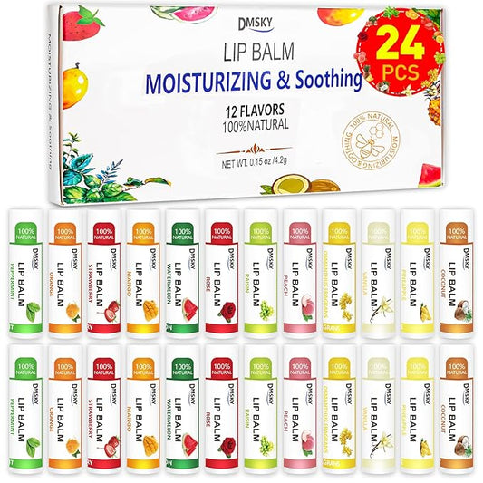 Dmsky 24 Pack Natural Lip Balm with Vitamin E and Coconut Oil, Moisturizing Lip Balm for Chapped Lips, 12 Flavors