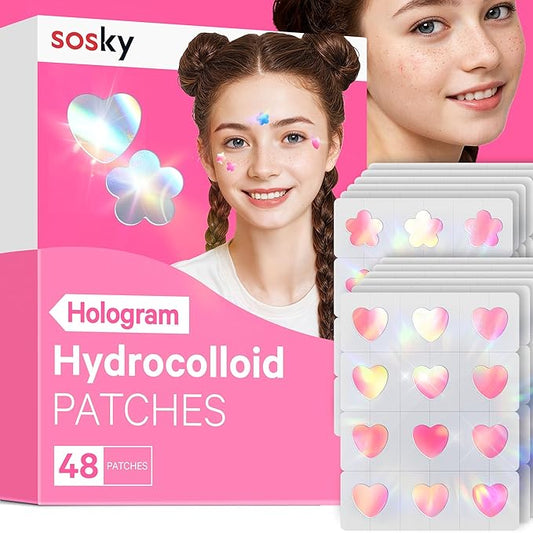 Sosky Hologram Pimple Patches for Face, Hydrocolloid Acne Patches with Salicylic Acid, Cute Star Zit Stickers,Colorful Blemish Covers,48 Count Pink Heart Flower