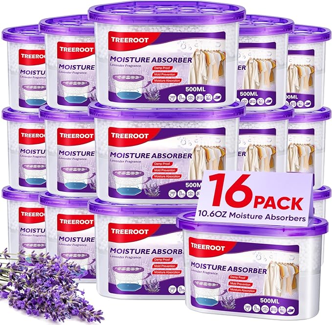16 Pack Moisture Absorbers, 10.5 OZ Humidity Absorber Bucket, Moisture Absorbers for Closet, Dehumidifier Bucket for Wardrobes (Lavender Scent), Kitchens and Bathrooms