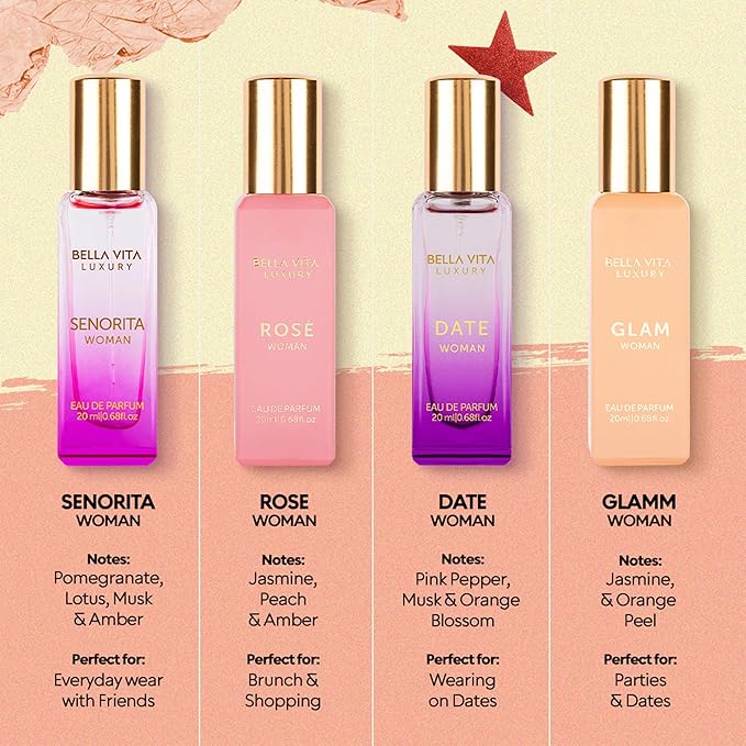 BellaVita Luxury Women's Perfume Gift Set | 4x20ml | Notes of Floral, Sweet, Spicey Red Fruit, Vanilla & Musk | DATE, SENORITA, GLAM & ROSE | French Parfum Collection Gift Set