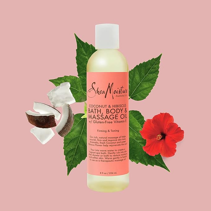 Shea Moisture Coconut & Hibiscus Massage Oil and Body Oil for Dry Skin, Bath Oil with Coconut Oil and Vitamin E Oil for Skin, 8 oz