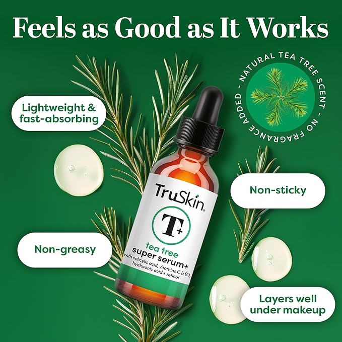 TruSkin Tea Tree Oil Acne Treatment Serum for Face – Salicylic Acid, Niacinamide, Vitamin C & Retinol – Clarifying Super Facial Serum for Acne-Prone Skin & Pores, 2 Oz
