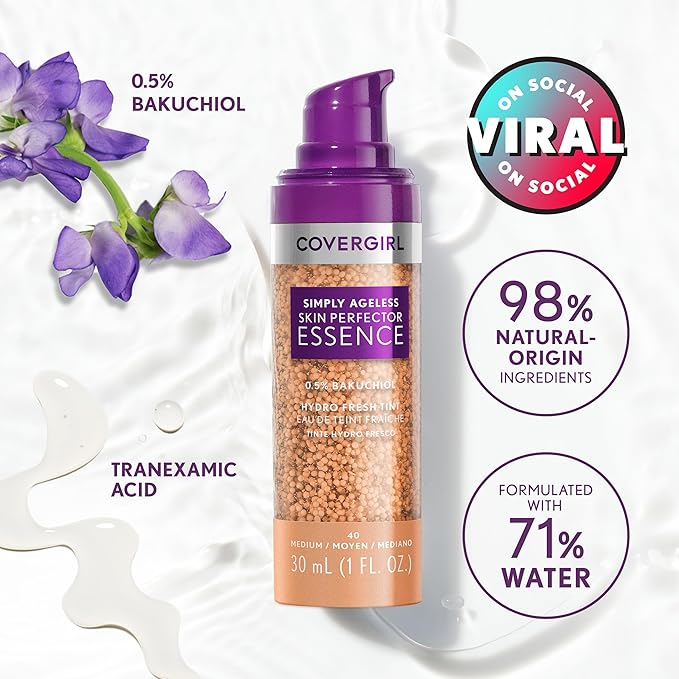 Covergirl Simply Ageless Skin Perfector Essence Foundation, 40 Medium, Tinted Skincare Makeup Hybrid, Sheer Tint, Radiant Finish,Glowy Finish, Vegan Formula, 1.0oz