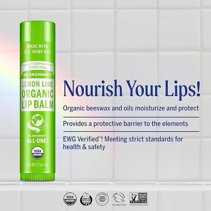 Dr. Bronner’s Organic Lip Balm 6-Pack (.15oz) Natural, Moisturizinging, Petroleum-Free Lip Balm with Beeswax & Avocado Oil for Dry Lips, Men & Women - Lemon Lime