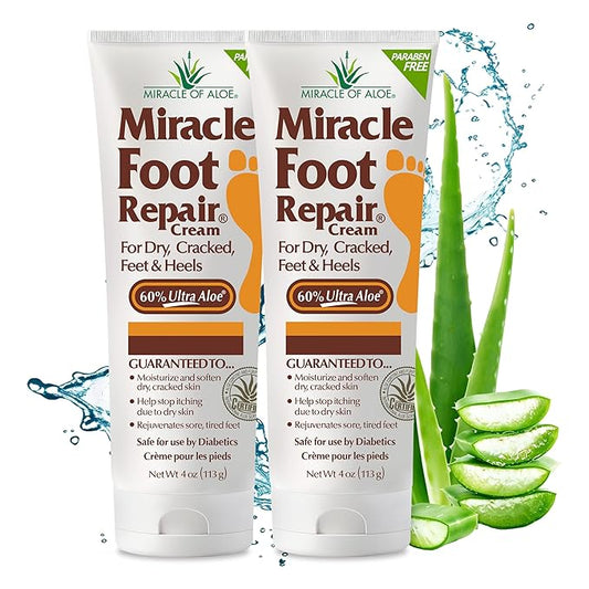 Miracle Foot Repair Cream, 4 oz Repairs Dry Cracked Heels and Feet, Diabetic-Safe, 60% Pure Ultra Aloe Moisturizes, Softens, and Repairs, Relief from Discomfort of Ingrown Toenails (2-Pack)