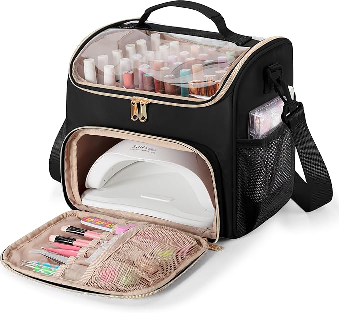 Nail Polish Organizer Bag Holds 42 Bottles(15ml/0.5 fl.oz), Double Layer Nail Storage Case for Gel Polish and Manicure Tools, Travel Nail Bag, Black