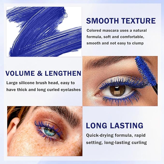 Blue Mascara for Eyelashes,5D Colored Mascara Volume and Length Waterproof,Natural Curling for Women Eye Makeup