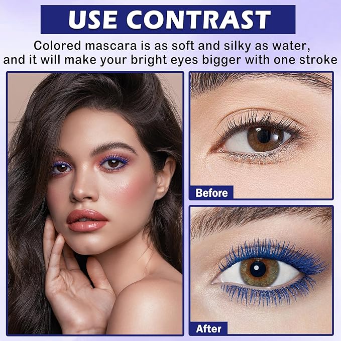 Blue Mascara for Eyelashes,5D Colored Mascara Volume and Length Waterproof,Natural Curling for Women Eye Makeup