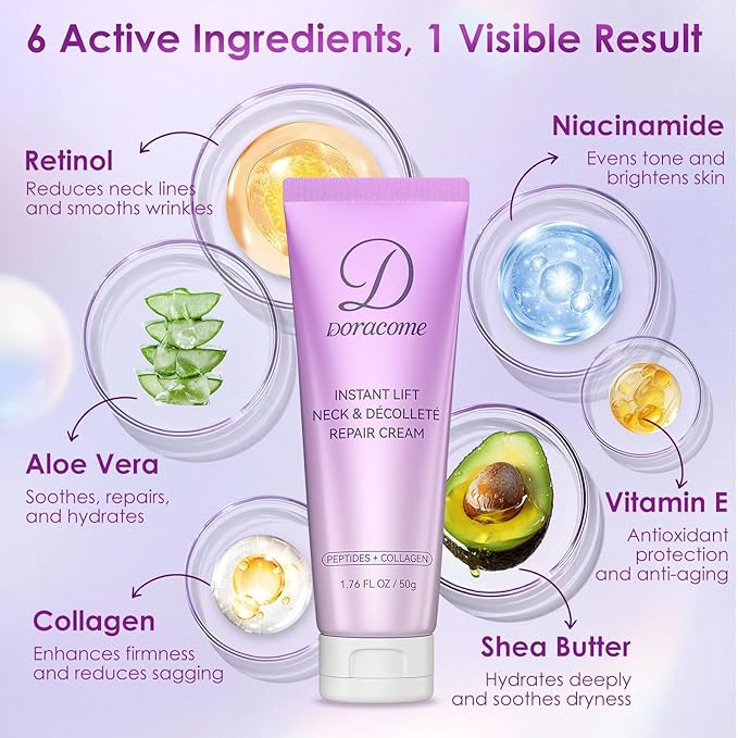 Retinol, Collagen & Hyaluronic Acid Neck Firming Cream – Anti-Aging Neck Cream for Firming & Tightening, Helps Improve the Look of Sagging Skin on Neck & Face, 1.76 Fl Oz