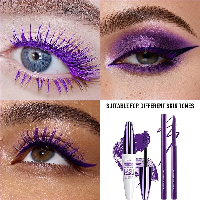 Purple Eyeliner Mascara Set, 5D Colored Mascara Volume Length Smudge-Proof Smooth Shine Gel Eyeliner Pencil Waterproof Natural Curling Purple Mascara for Eyelashes Makeup for Women