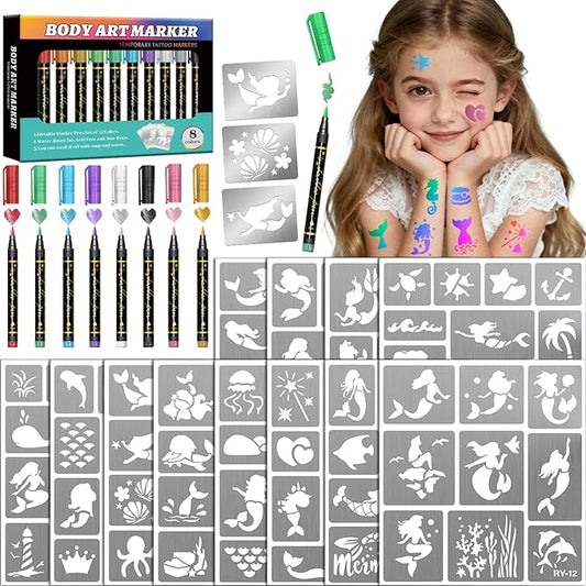 Mermaid Temporary Tattoo Markers for Kids, 8 Metallic Body Markers + 141 Large Face Paint Tattoo Stencils for Girls Boys Teens Adults Women Cosmetic Tattoos Pens DIY Body Art Set Party Favor