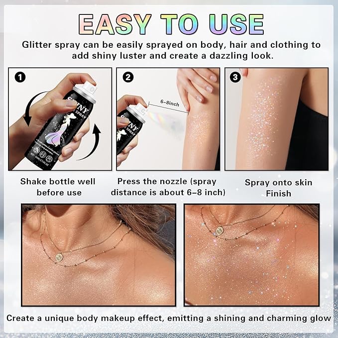 Body Glitter Spray, 60ML Shiny Pink Glitter Spray for Hair Body and Clothes,Long-Lasting Quick-Drying Holographic Ultra Fine Powder Glitter Hairspray for Festival Rave Stage Prom 2.11 Fl Oz