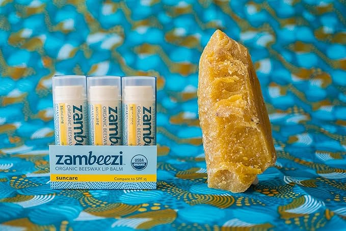 ZAMBEEZI Organic, Fair Trade Beeswax Lip Balm - Suncare 3 Pack - Mineral Based Zinc Oxide Sun Protection - Ethically Sourced