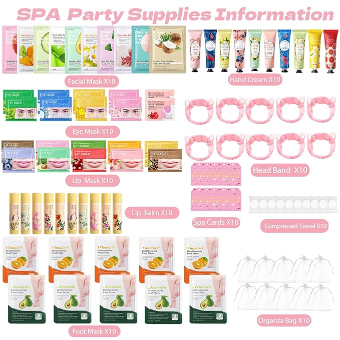 100PCS Spa Party Supplies, Party Favors,Facial Masks,Under Eye Patches,Hand Cream, Lip mask,Foot Masks,Hair Band and Organza Bags,Skin Care Set,Holiday Birthday Home Spa Day Kit