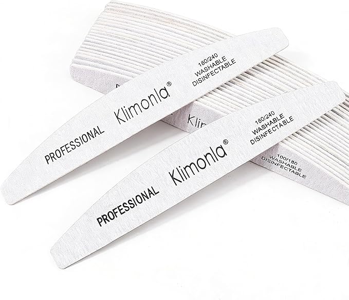 Klimonla 25pcs Professional Half Moon Nail Files Emery Board Set 180/240 Grit Dual-Grit Buffer Files for Natural & Acrylic Nails Tools Suit for Home Salon