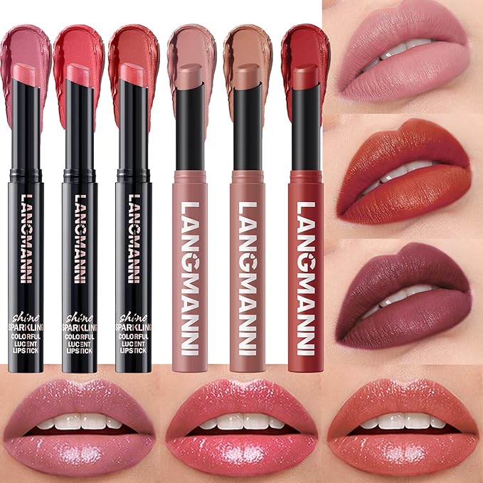 Jolilab 6Pcs Glitter Lip Kit - Velvet Matte & Nude Matte Lipstick + Glitter Lip Gloss/Glitter Lipstick High Pigmented Long-Lasting Waterproof Beauty Cosmetics Gift for Women Girls(SET C)