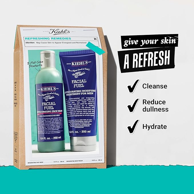 Kiehl's Essentials Men's Skincare Gift Set - $75 Value Routine Including Facial Fuel Cleanser and Moisturizer - Awaken & Hydrate Skin