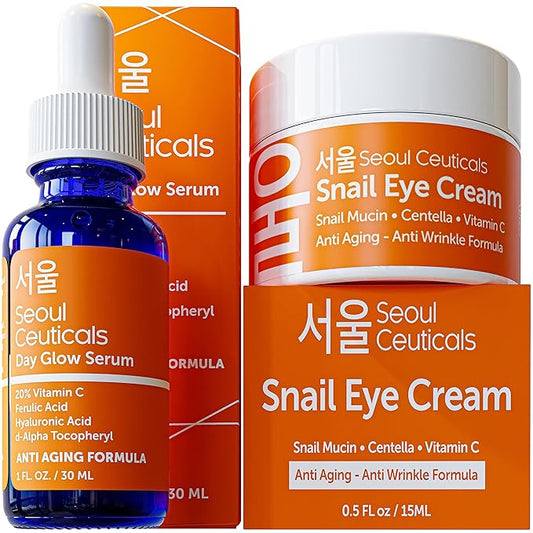 Korean Vitamin C Serum + 97.5% Snail Mucin Eye Cream Set for Glowing Skin & Youthful Eyes