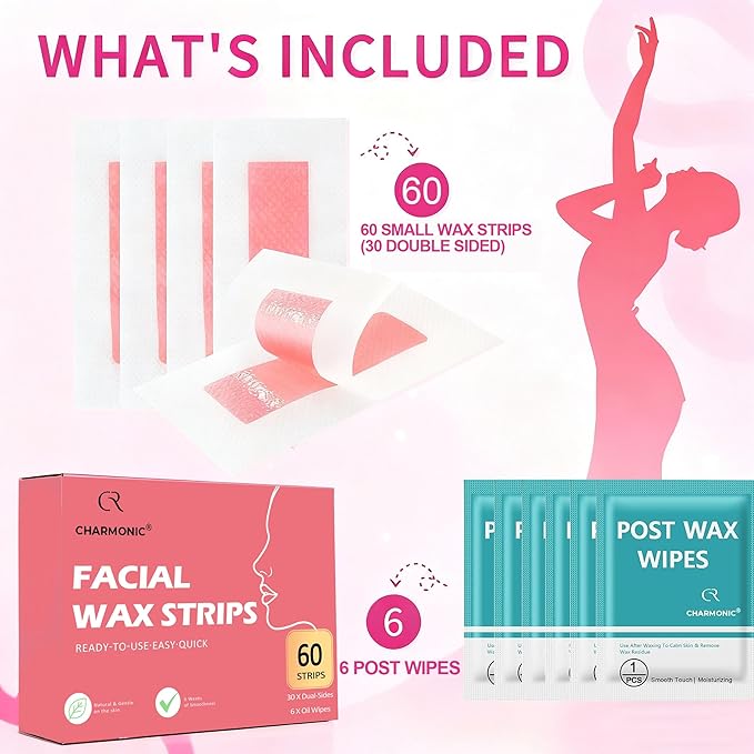 Facial Wax Strips 60 Pcs, Facial Hair Removal for Women, Waxing Strips for Face Eyebrow Upper Lip Cheek Hair Remover, Quick & Painless At Home Waxing Kit for All Skin Types with 6 Pcs Wax Wipes (Pink)