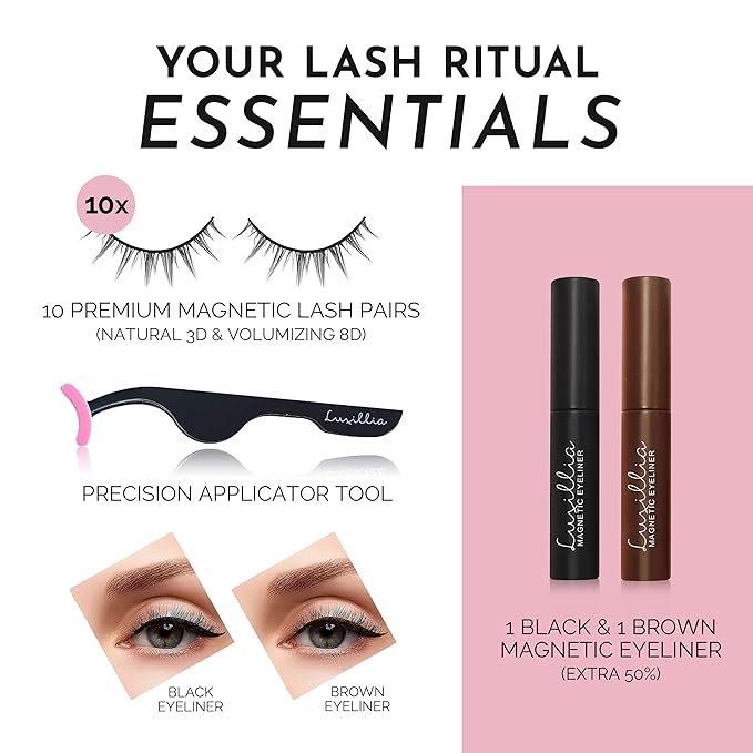 Luxillia Magnetic Eyelashes Kit – 13 Piece Magnetic Eyelash & Eyeliner Set with Applicator – Natural Look Easy Apply Reusable Fake Extension Lashes, No Glue – Pestañas Postizas Magnéticas Naturales