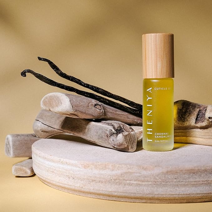 Theniya Cuticle Oil for Nail Strengthening and Growth – Hydrating, Vegan, Organic Formula with Jojoba & Vitamin E | 3 Signature Fragrances | 5mL Roll-On (0.17 Fl Oz, Sandalwood Fragrance)