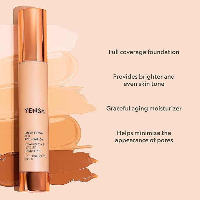 YENSA Serum Foundation Makeup - Super Silk Full Coverage Foundation Enriched with Peptides, Vitamin C & Ferulic Acid to Help Reduce Fine Lines, Wrinkles & Dark Circles - Medium 3 (1 oz)
