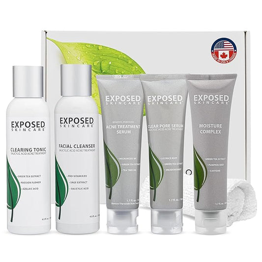 Exposed Skin Care, Expanded Acne Treatment Kit with 2.5% Salicylic Acid and 3.5% Benzoyl Peroxide to Clear Up Teen, Adult, Hormonal and Cystic Acne – Natural, Non-toxic and Cruelty Free